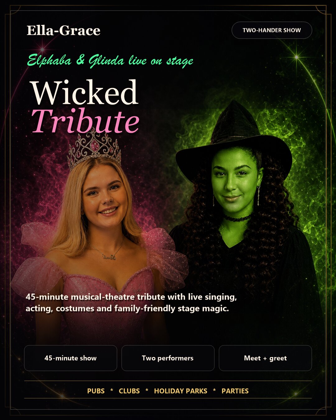 Wicked tribute show poster with Elphaba and Glinda